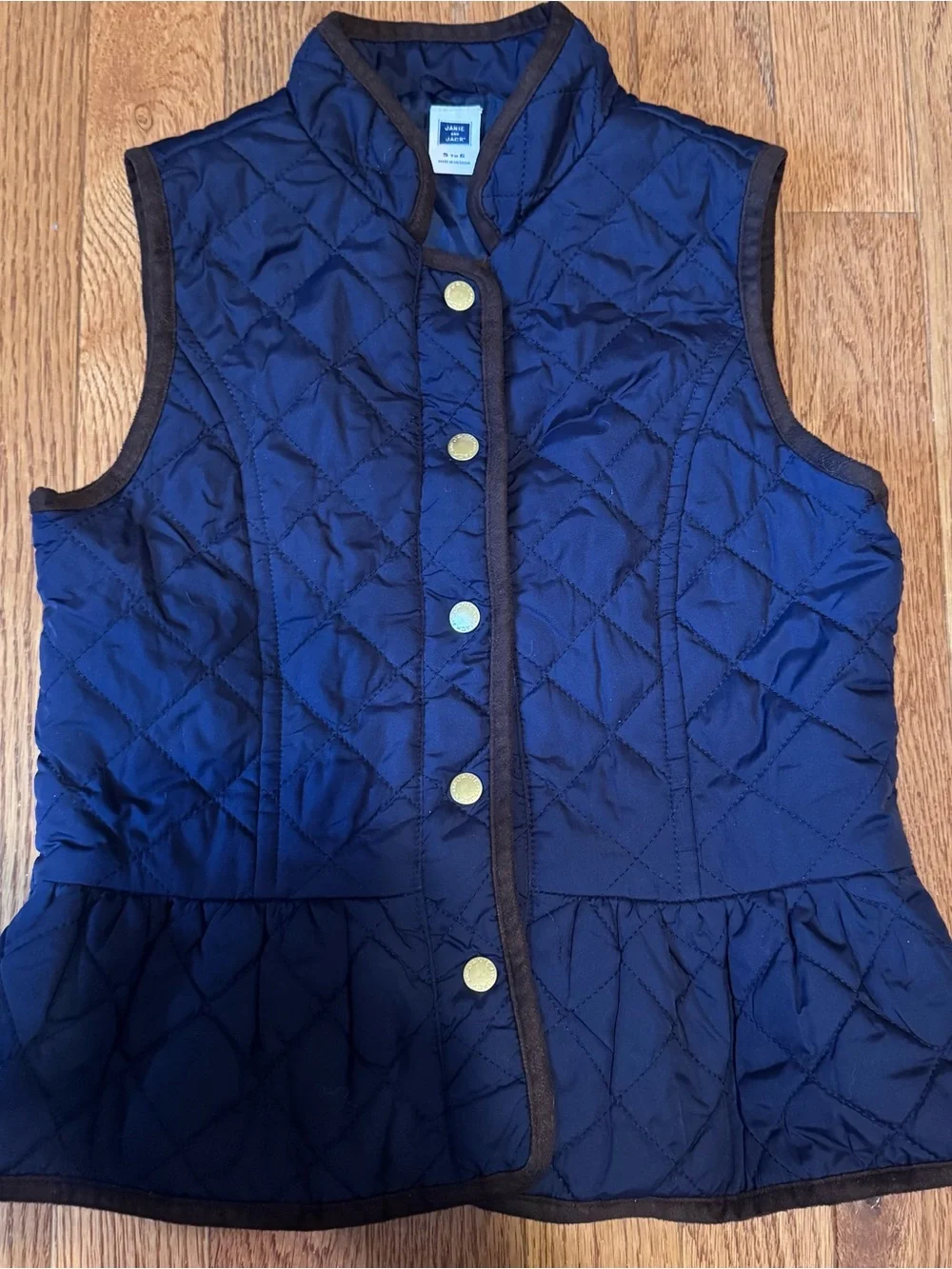 Janie and Jack Navy Quilted Peplum Vest with Brown Trim